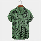 Vintage Men's Mermaid Print Shirts Boat Anchor Print Button Shirts Summer Ocean Element Shirts Men's Hawaiian Leisure Shirts
