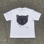 Y2k Wrinkled Cat Graphic Print Punk 90s Grunge Retro Hip Hop Style White Top T-shirt Emo Aesthetic Clothes Harajuku Y2K Top