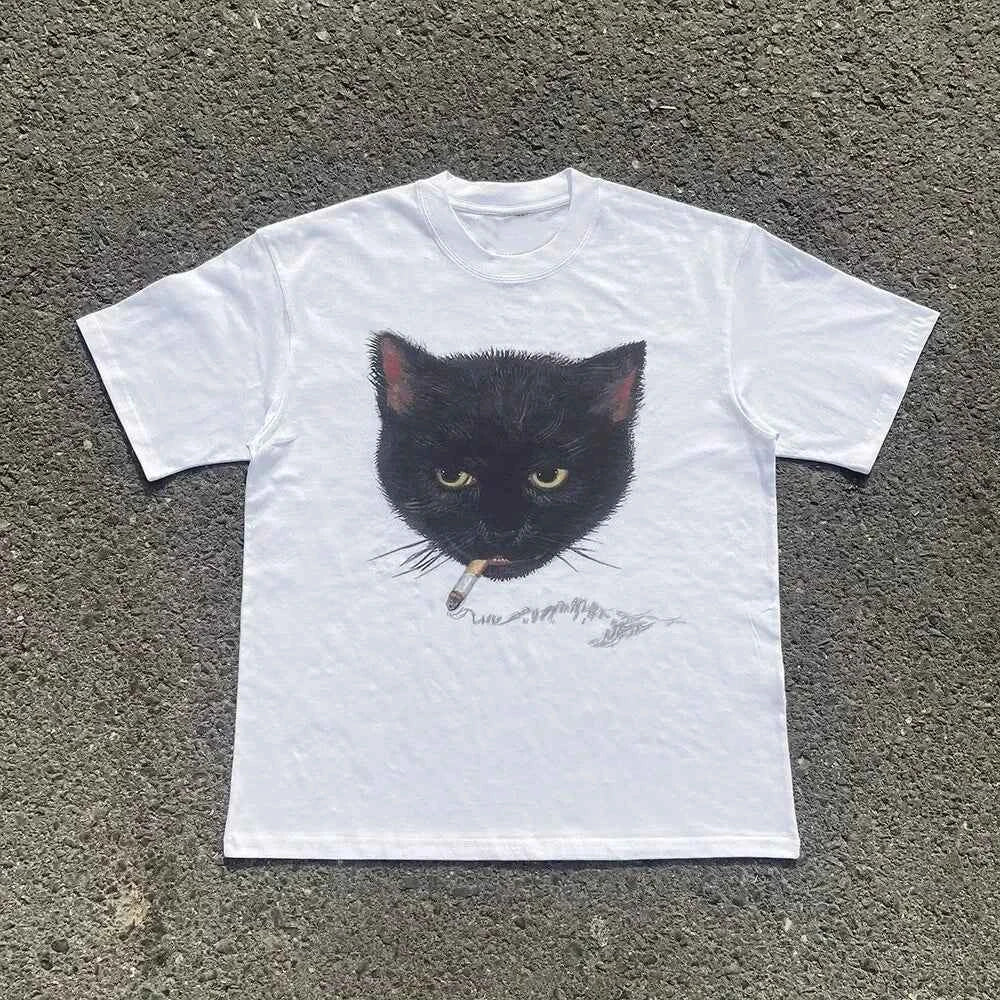 Y2k Wrinkled Cat Graphic Print Punk 90s Grunge Retro Hip Hop Style White Top T-shirt Emo Aesthetic Clothes Harajuku Y2K Top