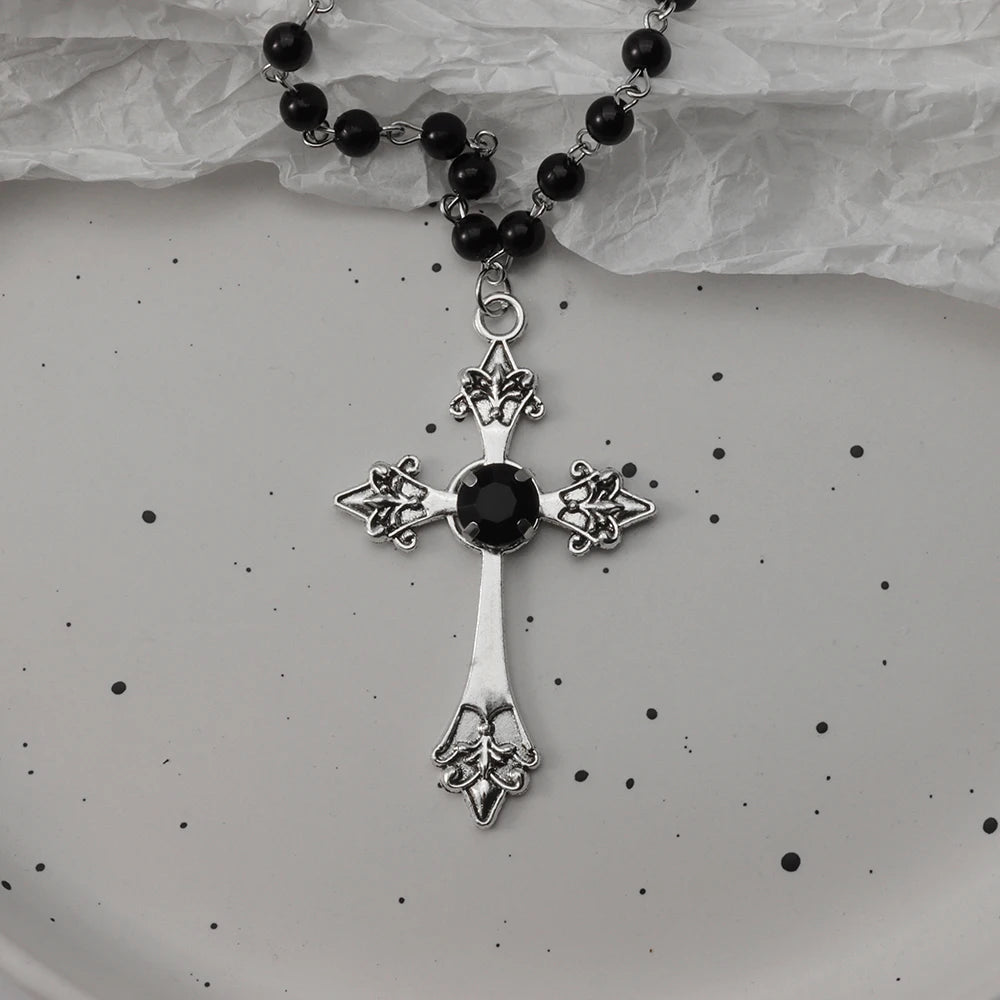Gothic Bat Cross Dark Pendant Necklace Set, Y2K Personalized Thorn Love Black Bead Stacked Necklace Set, Suitable as Halloween G