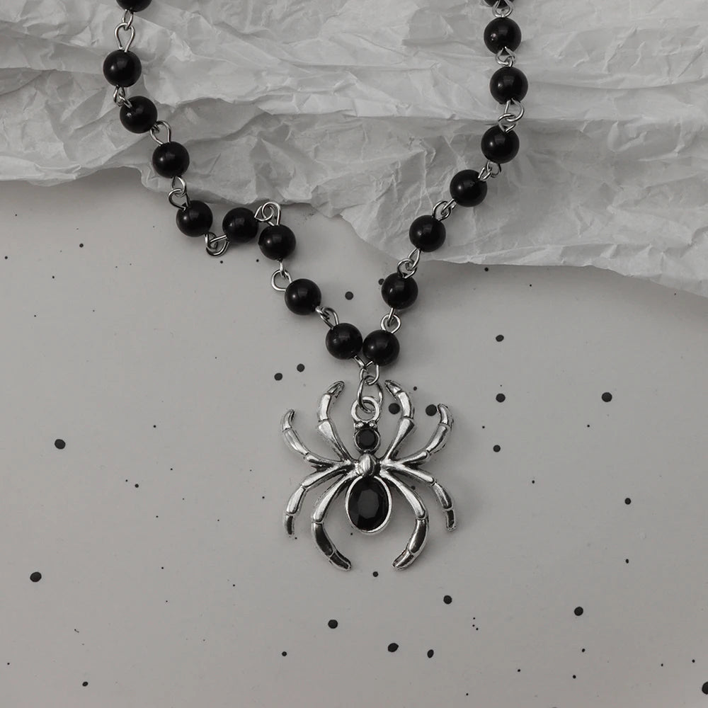 Gothic Bat Cross Dark Pendant Necklace Set, Y2K Personalized Thorn Love Black Bead Stacked Necklace Set, Suitable as Halloween G