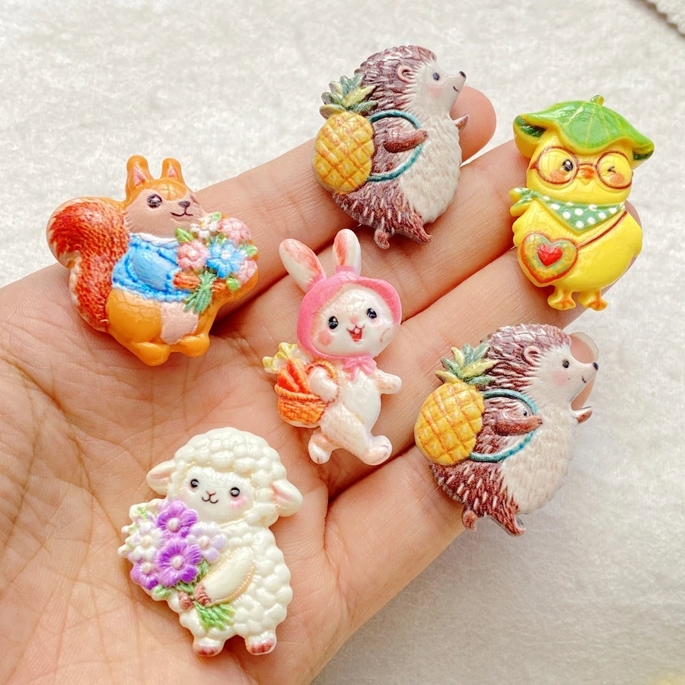 10PCS Mixed Resin Cartoon rabbits, hedgehogs squirrels Flat back Cabochon Stone Scrapbook DIY Decor Figurines Crafts Accessories