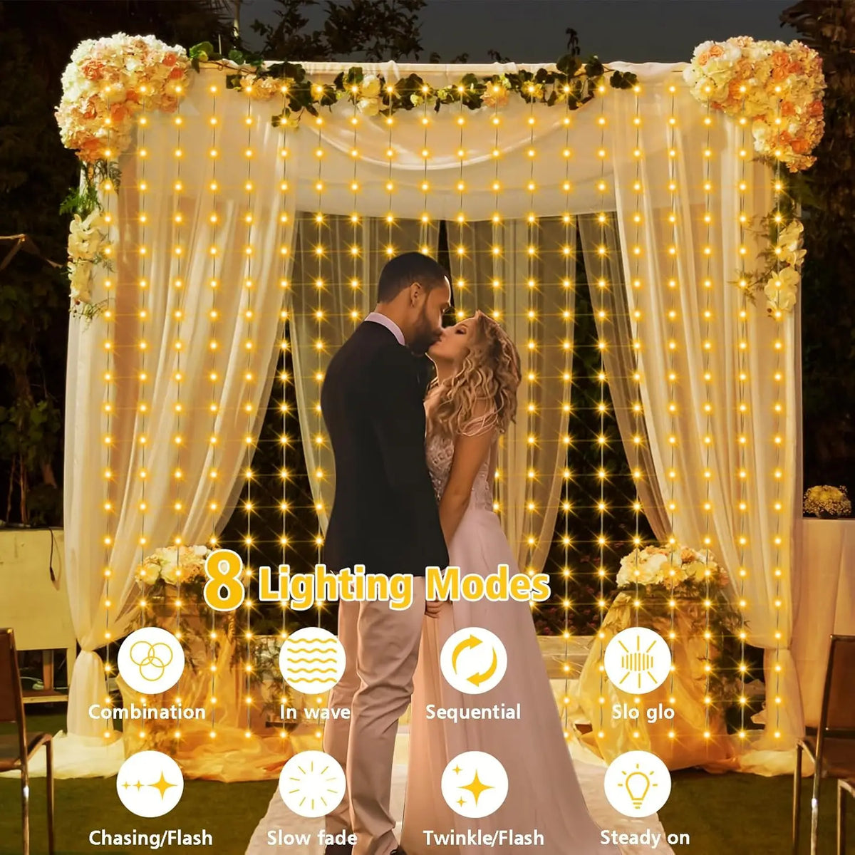 LED Solar Courtyard Curtain Lights Outdoor Waterproof Fairy String Lights With 8 Modes for Garden Window Bedroom Wedding