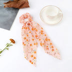 Fashion Flower Print Bow Satin Long Ribbon Ponytail Scarf Tie Scrunchies Women Girls Elastic Bands Hair Accessories