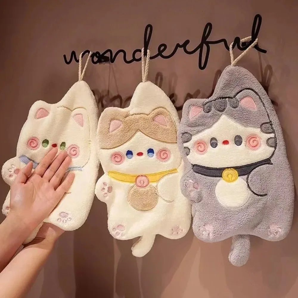Cute Cat Hand Towel Quick Drying Kitchen Cleaning Rag Coral Velvet Cartoon Animal Absorbent Bathroom Hanging Towel Home Supplies