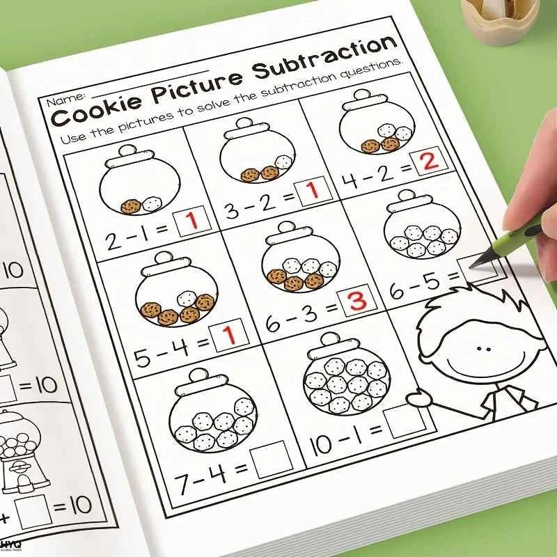32-Page Interactive Math Learning Workbook with Addition & Subtraction Worksheets, Crossword Puzzles, Colorful Math Activities