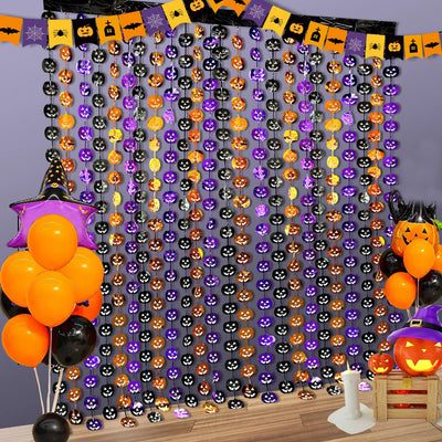 Halloween Pumpkin Bat Spider Fringe Backdrop – Spooky Party Decor