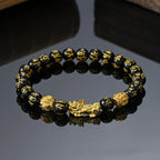 FengShui Wealth And Luck Bracelet, Feng Shui Black Obsidian Pixiu Wealth Bracelet Prosperity Buddha Beads Elastic Bracelet