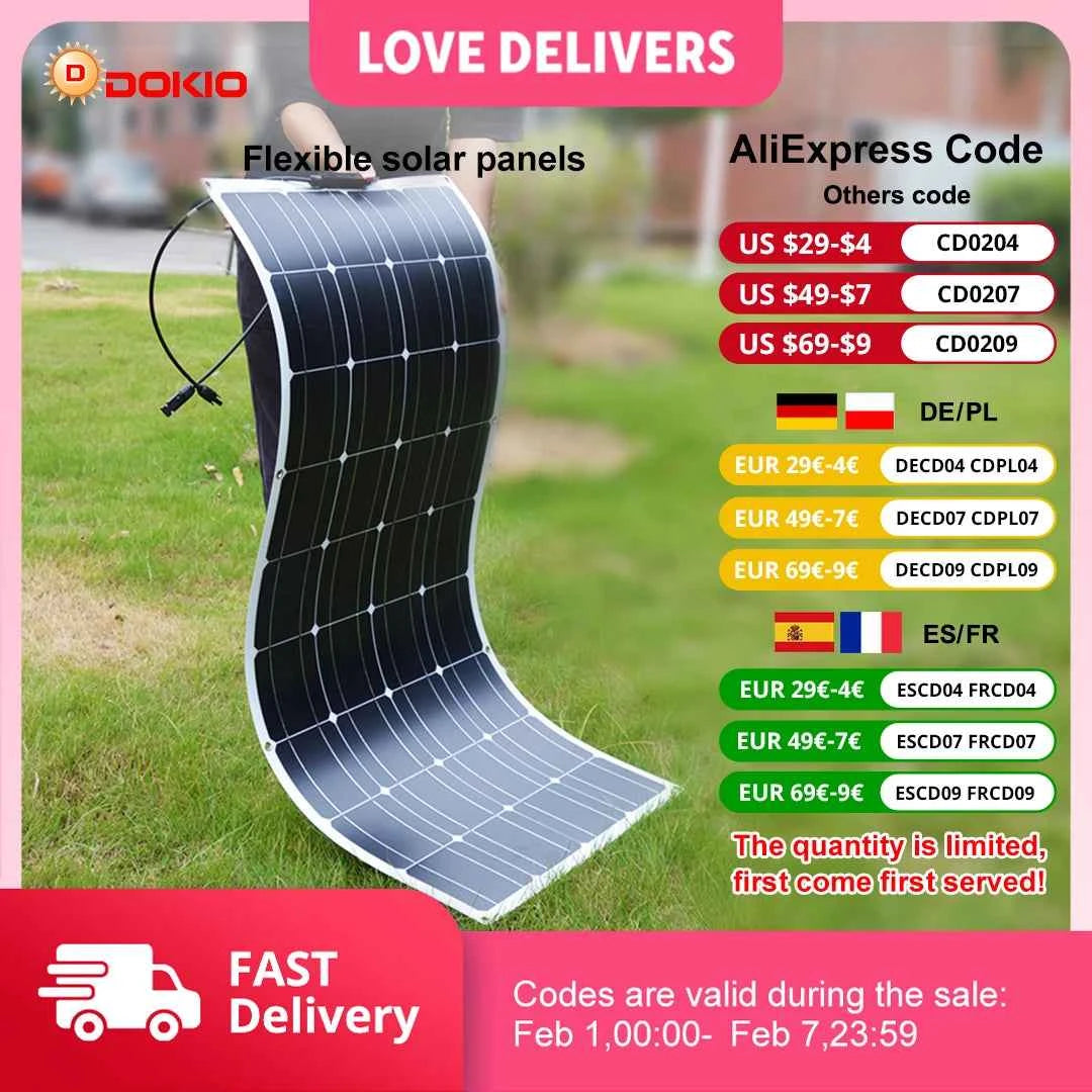 DOKIO 18V 100W/200W/400W Flexible Solar Panels Waterproof Monocrystalline Solar Panel Camping RV Home Charge 12V