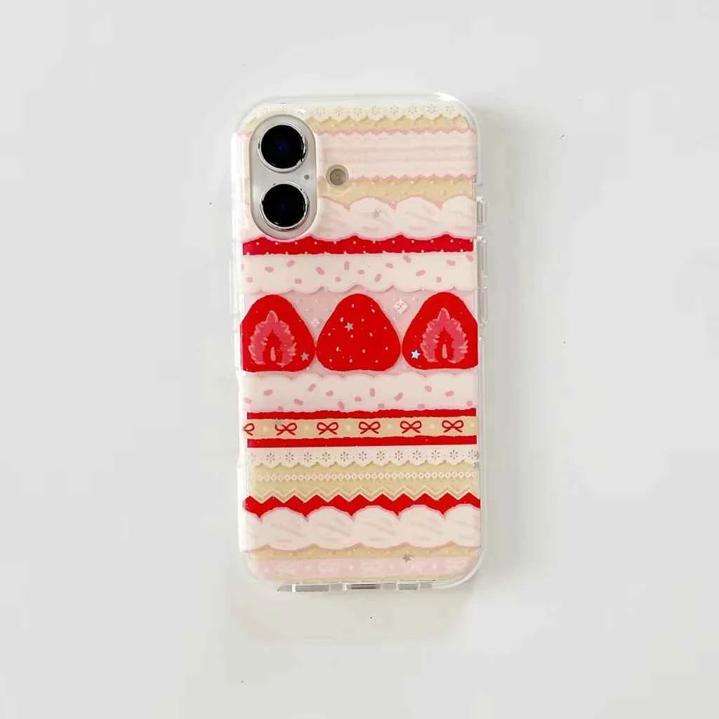 Cream Strawberry Cake Lace Bowknot Phone Case For iPhone 17 Air 16 ProMax 15 14 Plus 13 12 11 Pro Shockproof Silicone Back Cover