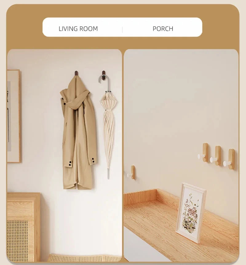 Self Adhesive Mounted Walnut Wood Wall Hooks for Hanging Coat Towel Clothes Blanket Hat Backpack Robe Entryway Key Holder