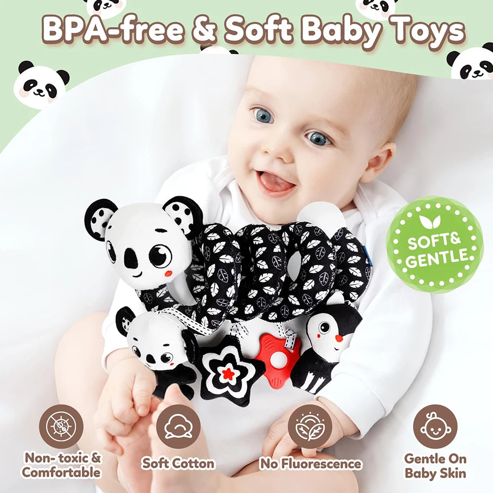 Newborns Spiral Hanging Activity Stroller Toy Baby Carseat Toy Black & White Lion Koala Rattle  for Crib Mobile Sensory Toy Gift