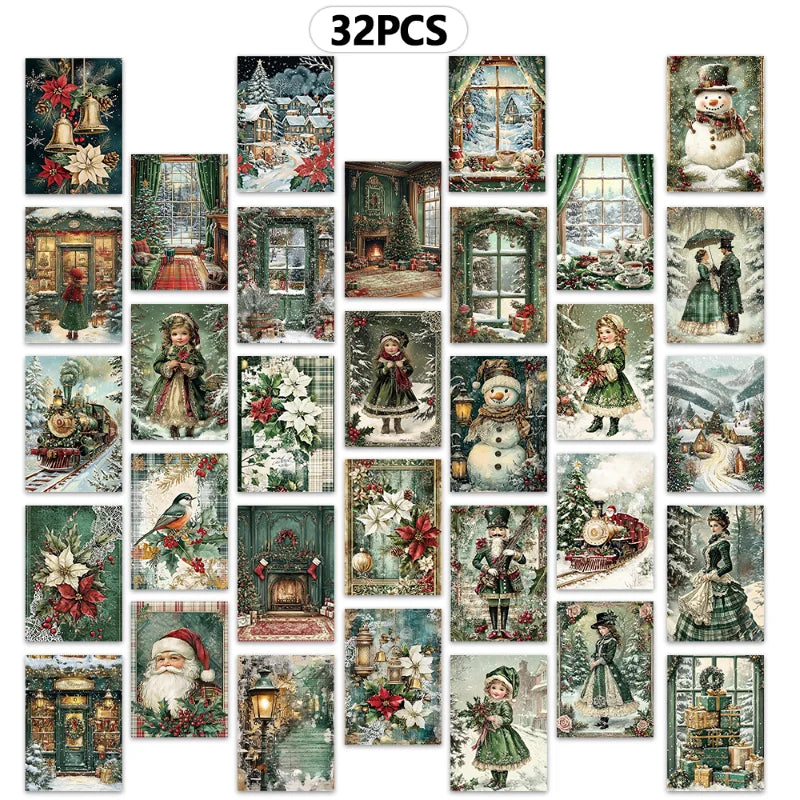 32pcs, green retro nostalgic Christmas postcards, birthday/anniversary gifts, collectible, giftable, and mailable