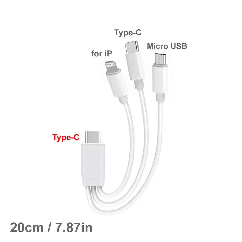 PD USB C Charging Cable for Multiple Devices Charging Cord Short 3 in1 Universal USB Cable with IP/Micro USB/Type C Mobile Power