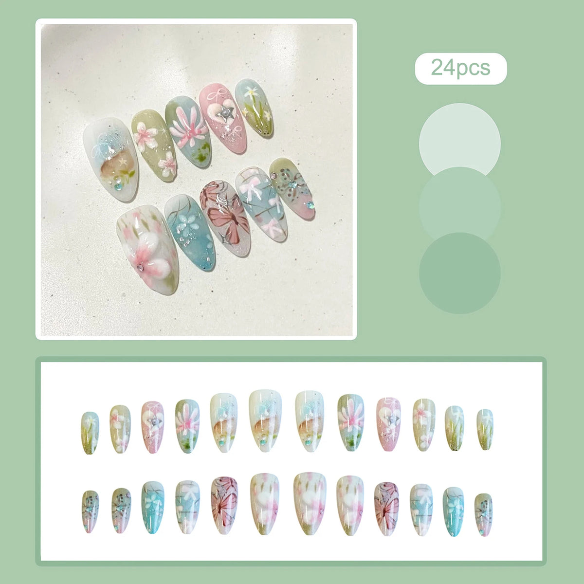 24pcs Gradient Black False Nails Cute Cartoon Cat's Eye Forest Elf Girl Press On Nails Glossy Almond Sweet Cool Fake Nail Tips