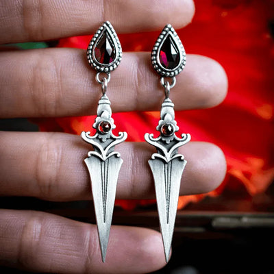 Gothic Sword Drop Earrings Red Stone Dangle Halloween Jewelry