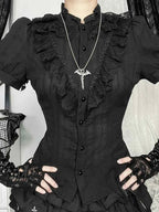 Sweet Lolita Cotton Shirts Women Vintage Gothic Black White Jacquard Short Sleeve Blouses Elegant Office Lady Y2k Tops