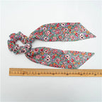Fashion Flower Print Bow Satin Long Ribbon Ponytail Scarf Tie Scrunchies Women Girls Elastic Bands Hair Accessories