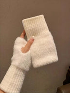Soft Winter Half Finger Gloves Women Warm Luxury Solid White Plush Knitted Fingerless Gloves Wrist Mittens Writting