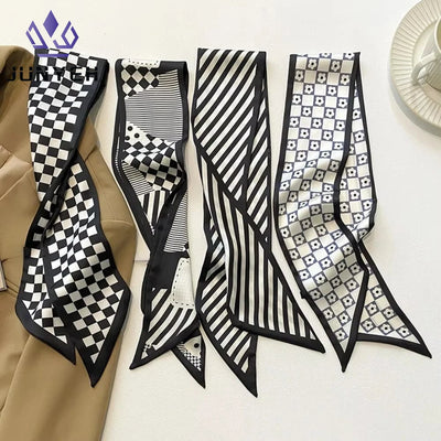 Fashion Print Silk Skinny Hair Scarf For Women Narrow Ribbon Tie Handle Bag Band Bandana Neckerchief