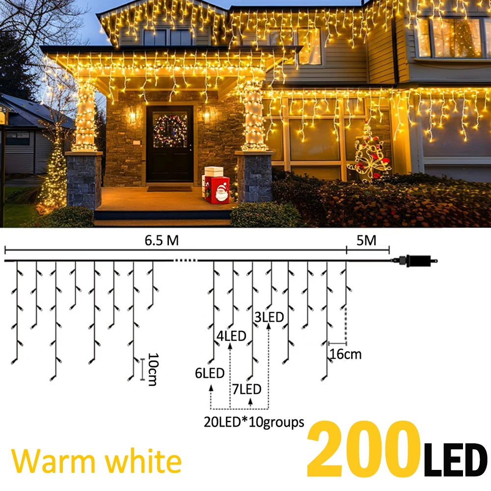 6.5200LED/20M480LED Icicle String Lights Christmas 40Drops 8 Modes, Plug in Curtain Waterproof for Holiday Wedding Party Garden