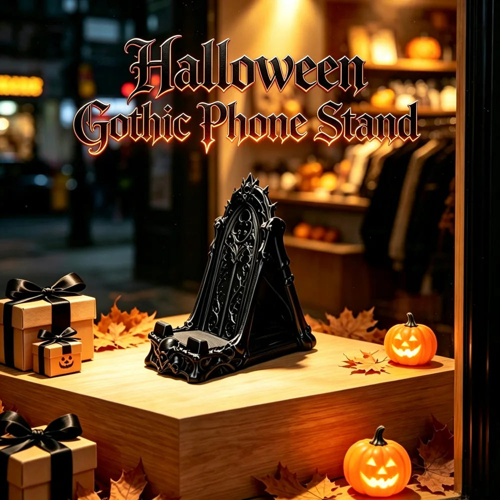 3D Printed Gothic Tracery Window Phone Stand, Dark Skull Ornament for Halloween, Desktop Holder for Phone & Tablet