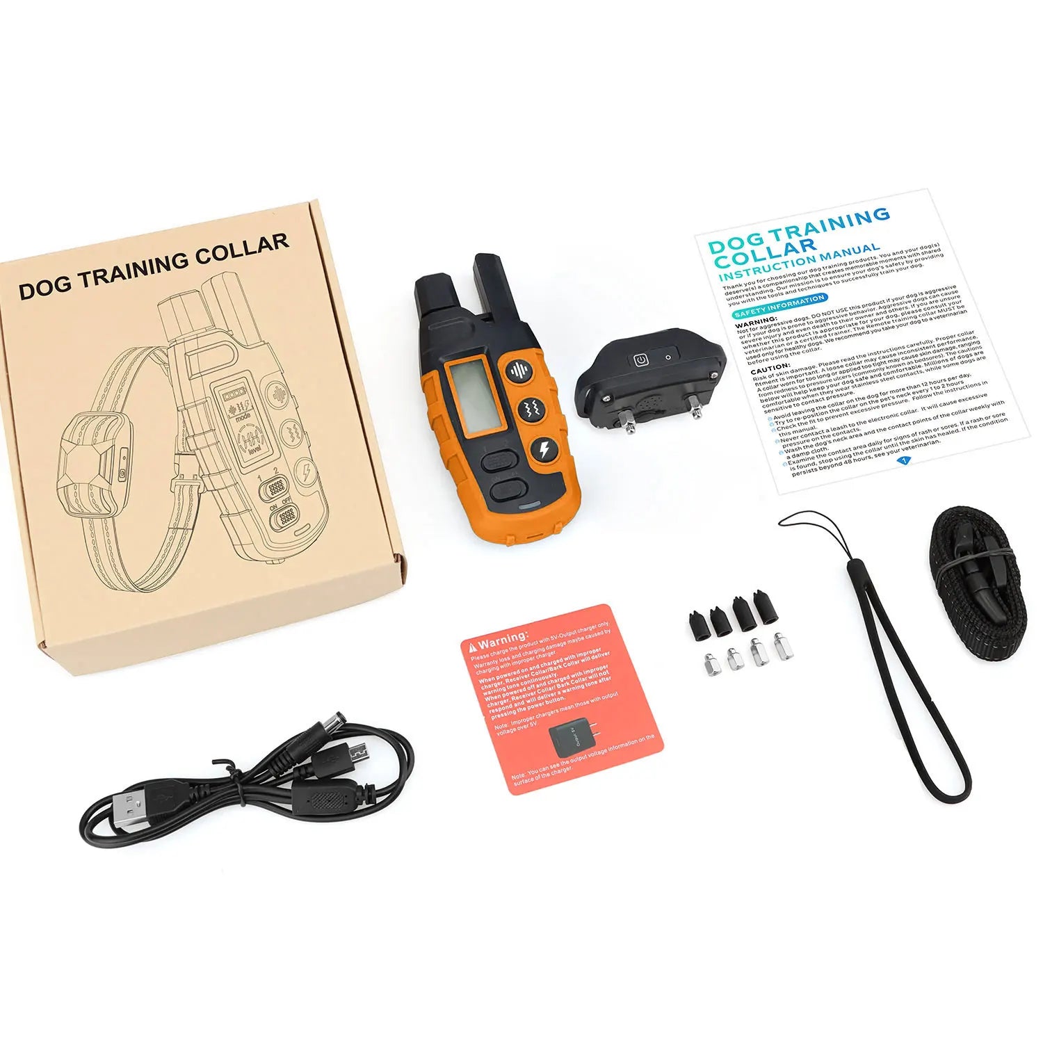 Shock collar kit in retail packaging with accessories