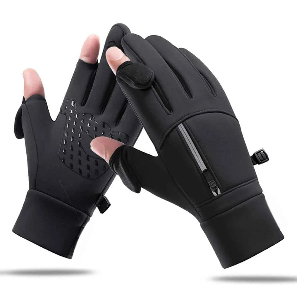 Winter Warm Gloves Flip Over Expose Two Fingers Gloves Windproof Touch Screen Gloves Cycling Ski Fishing Gloves