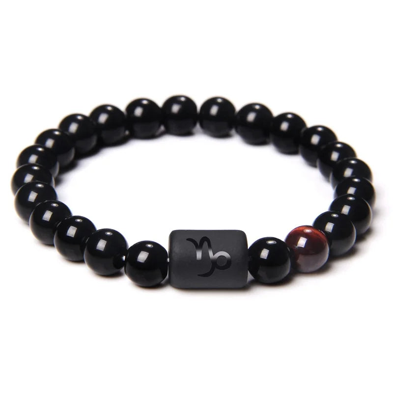 12 Constellation Zodiac Signs Beads Couples Bracelet Natural Black Onyx Stone Elastic Charm Bracelet for Women Men Birthday Gift