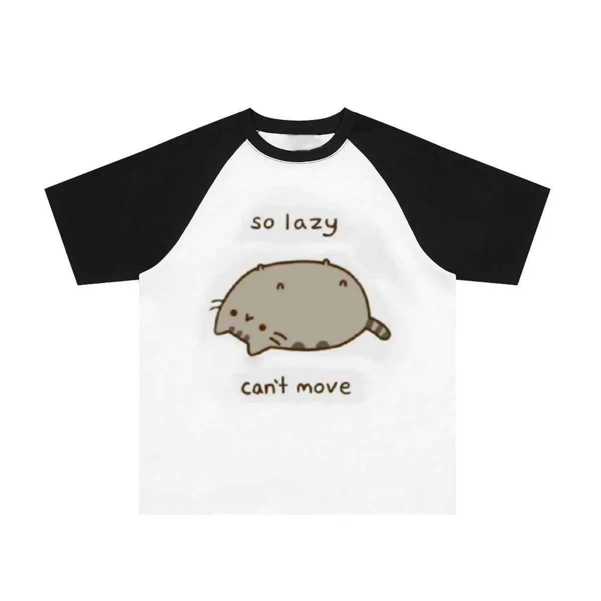 Japanese Polka Dot Cute Lazy Cat Print Loose T-shirt Aesthetics Kawaii Cartoon Tops Women's Sweet Harajuku Grunge Tees Y2k Tops