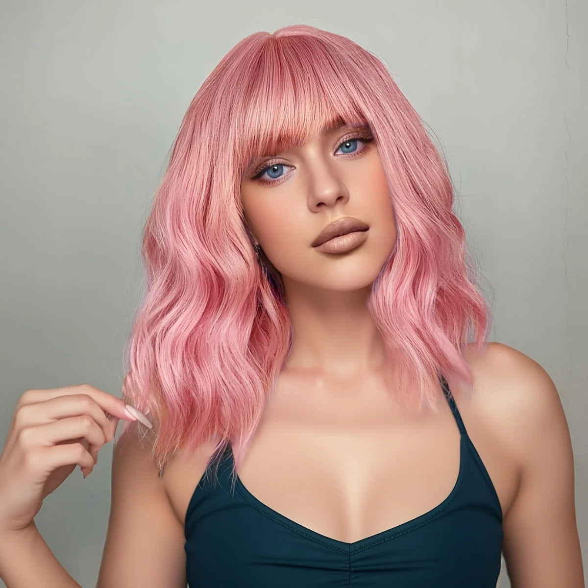 Short Wet and Wavy Scalp Top Full Machine Synthetic Wigs Pink 12inch 180% Density (12inch 180% Density, Pink Color)