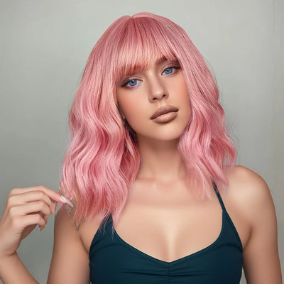 Short Wet and Wavy Scalp Top Full Machine Synthetic Wigs Pink 12inch 180% Density (12inch 180% Density, Pink Color)