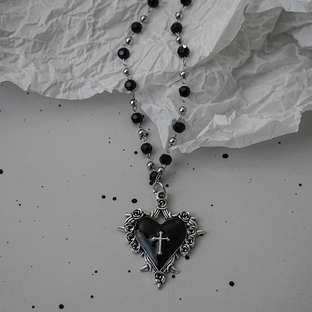 Gothic Bat Cross Dark Pendant Necklace Set, Y2K Personalized Thorn Love Black Bead Stacked Necklace Set, Suitable as Halloween G