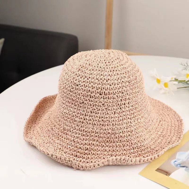 Beach Hat Female Sunscreen Cap Simple Women Panama Straw Hat Summer Sun Hat for Women Lady Folding Travel Caps 10cm Brim Floppy