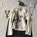 Women V Neck Long Sleeve T Shirt Gothic Cross Graphic Print Slim Fit Y2K Streetwear Casual Spring Fall Hot Sale Top