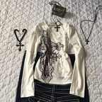 Women V Neck Long Sleeve T Shirt Gothic Cross Graphic Print Slim Fit Y2K Streetwear Casual Spring Fall Hot Sale Top