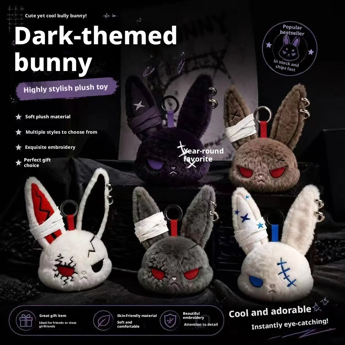 Gothic Bunny Plush Keychain RabbitBag Charm with Bandage Desian Kawaii Key Ring Pendant Car Bag Ornament Gift To