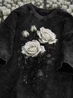Dark Black Rose Graphic Print T Shirt Washed Vintage Casual Loose Streetwear Daily Wear Short Sleeve Goth Top for Women