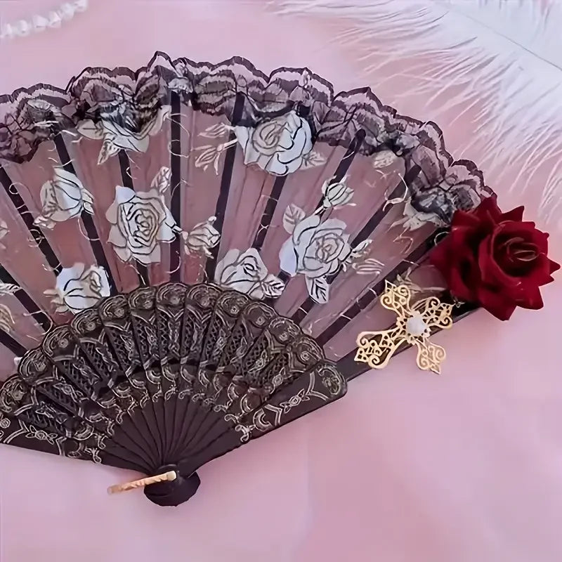 1pc/2pcs Vintage Spanish Flamenco Rose Lace Handheld Fan Elegant Black Folding Fan for Parties And Weddings