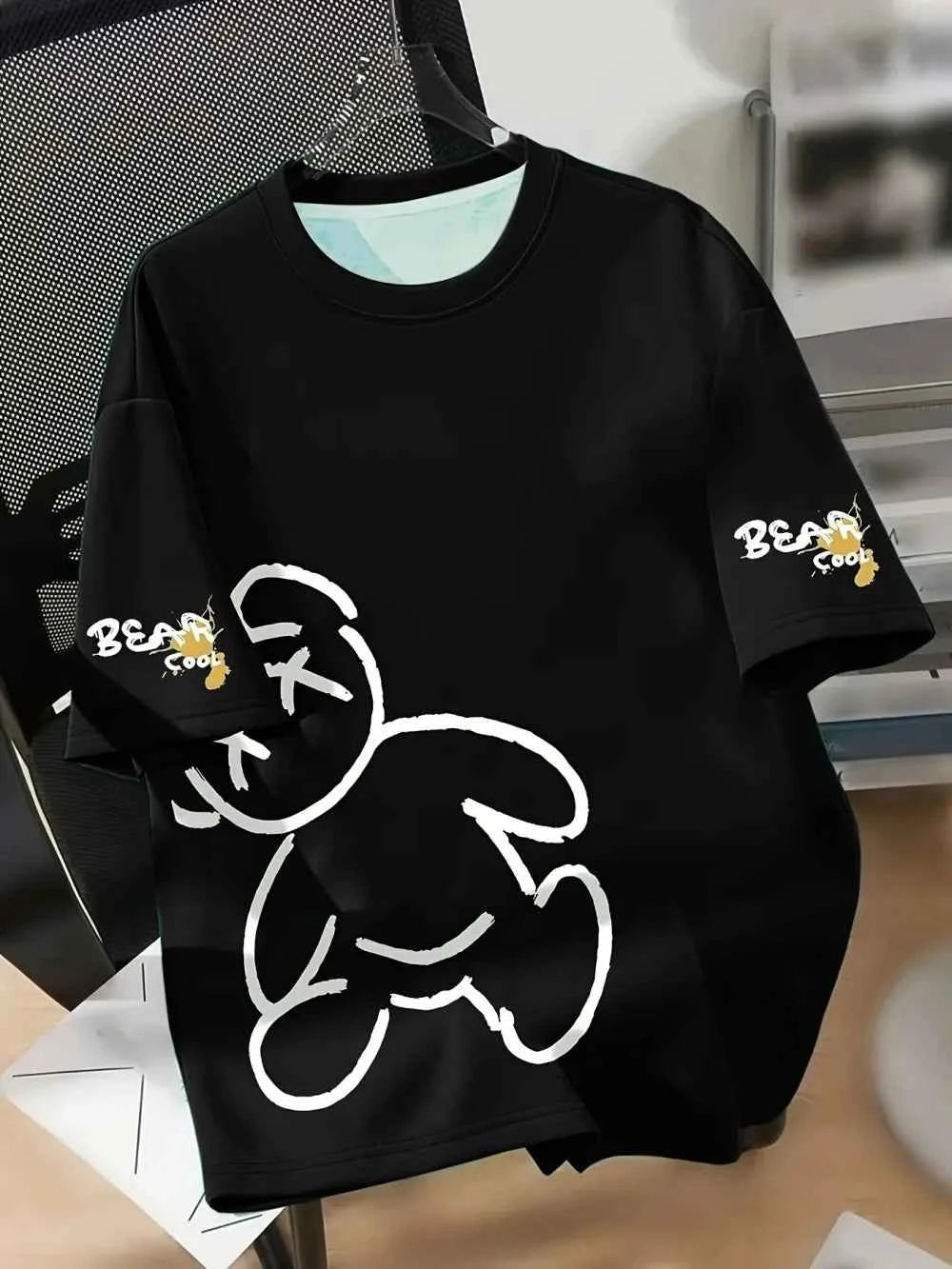 Summer men's round neck breathable T-shirt with cartoon bear print pattern suitable for daily and weekend gifting to friends