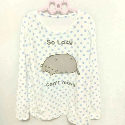 Japanese Polka Dot Cute Lazy Cat Print Loose T-shirt Aesthetics Kawaii Cartoon Tops Women's Sweet Harajuku Grunge Tees Y2k Tops