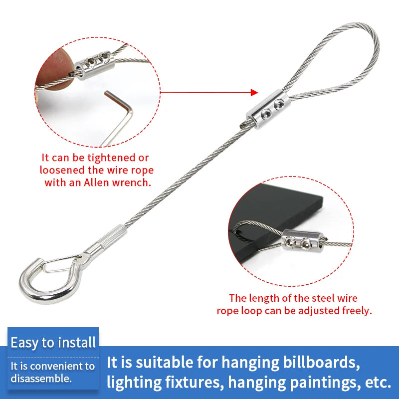 2mm Adjustable Steel Cable Suspension Kit, Heavy-Duty Hook for Steel Wire Rope Capable of Bearing 30kg, Extendable Clothesline