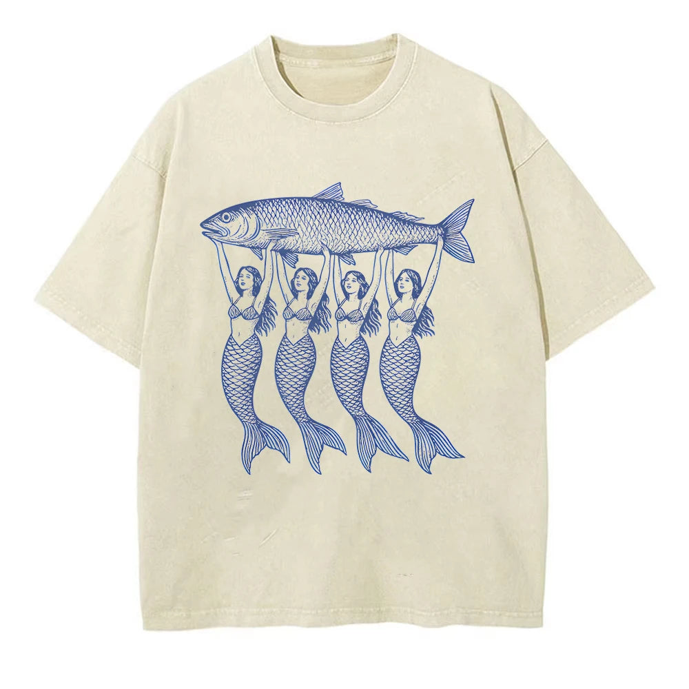 100% Cotton Tshirt Ocean Creatures Nature Short Sleeve Tops Tees Vintage Harajuku Fish T-Shirt Men Women Streetwear