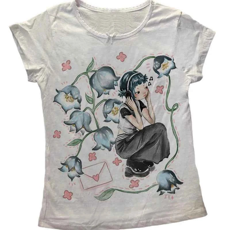 Y2K Korean Popular Clothes Emo Aesthetic Summer Baby Tee Streetwear Gothic Harajuku Graphic Print T-shirt Women Vintage Crop Top