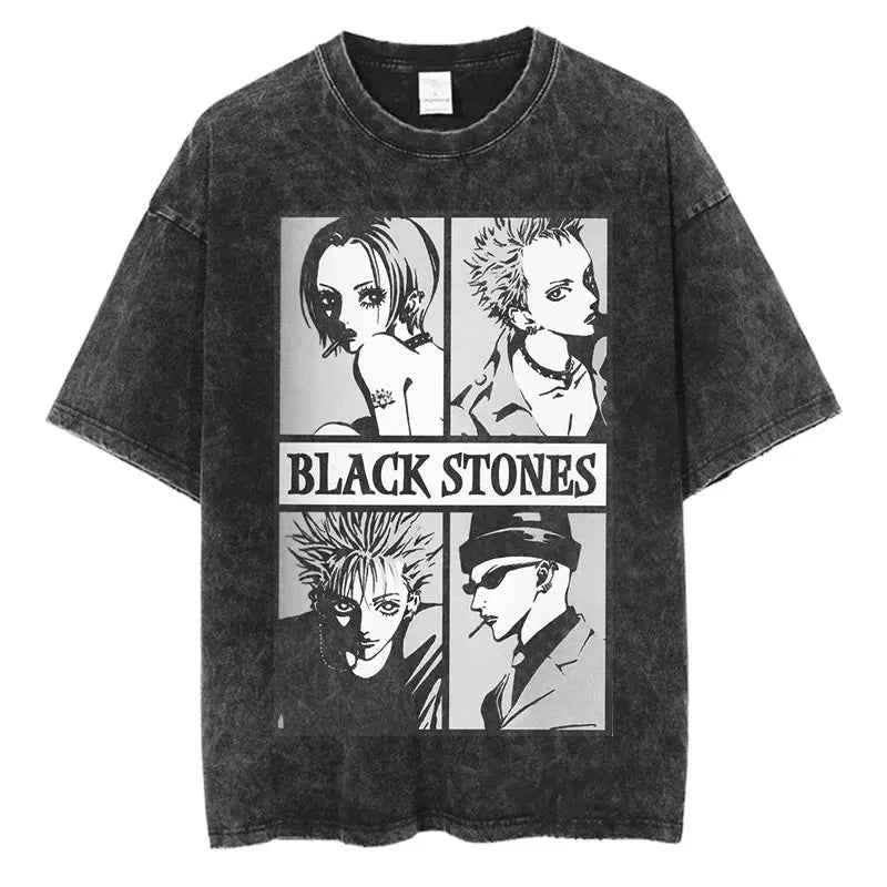 Japanese Anime Nana Osaki Print Vintage Washed Tshirt Harajuku Streetwear Graphic T-Shirt Summer Short Sleeve Cotton Tshirt