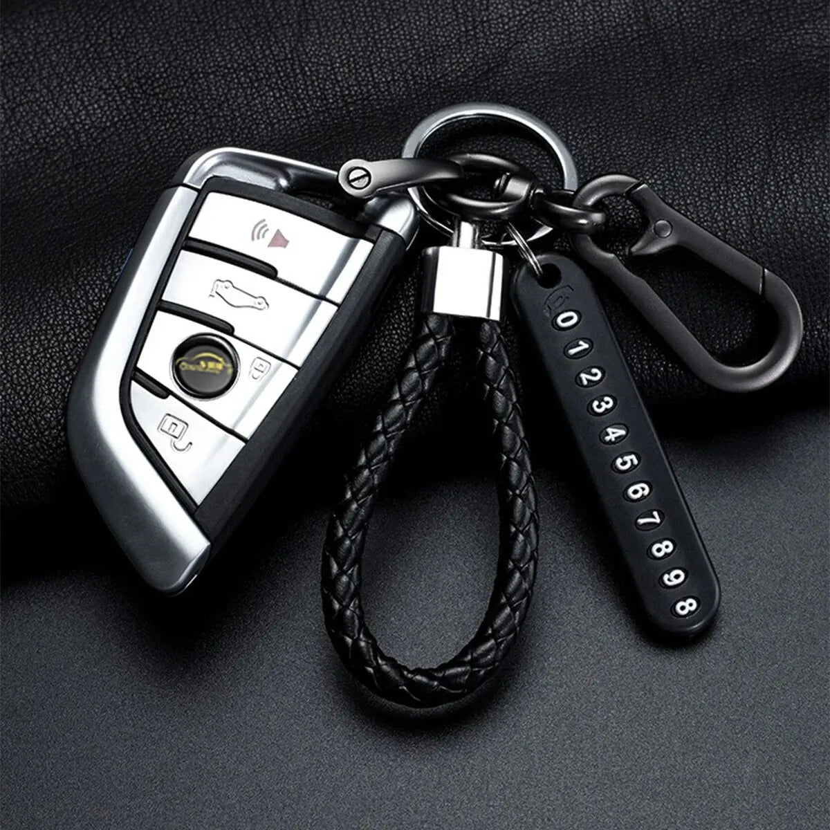 Ingemark Trendy DIY Mobile Phone Number Plate Pendant Keychain Men Punk Woven Leather Rope Anti-lost Car Key Chain Accessories