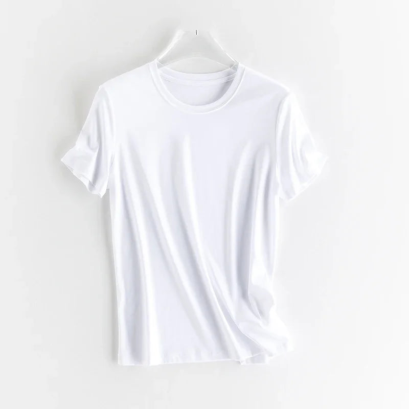 High-end New 10% Silk & Mercerized Cotton Women T-shirt Luxury Tee Short Sleeve Silky Feeling Summer Wear 2025 Tops V / O-neck