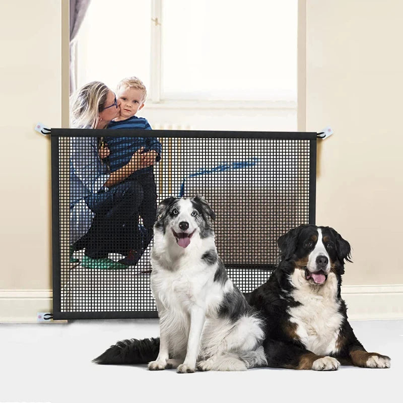 Pet Dog Safety Barrier Fence – Folding Mesh Gate with 4 Hooks for Stairs & Doorways