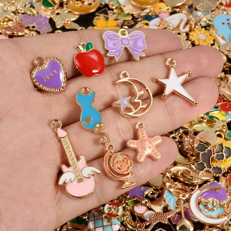 30/60/100pcs Random Mix Enamel/Drip Oil Charms For Jewelry Making Bulk Trinkets Charm Flower Heart Animal Bag Charm DIY Pendant