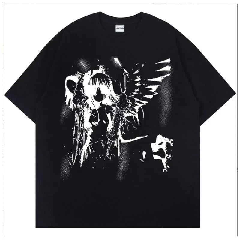 Retro Angel Print Short-sleeved Women T-shirt Summer  Harajuku Casual   Loose Cotton Oversize Women's T-shirts Female Clothing